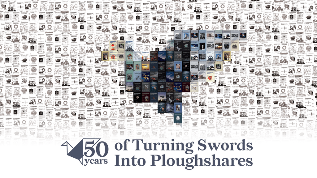 50 years of turning swords into ploughshares event poster with a mosaic dove made out of past Ploughshares Monitor covers