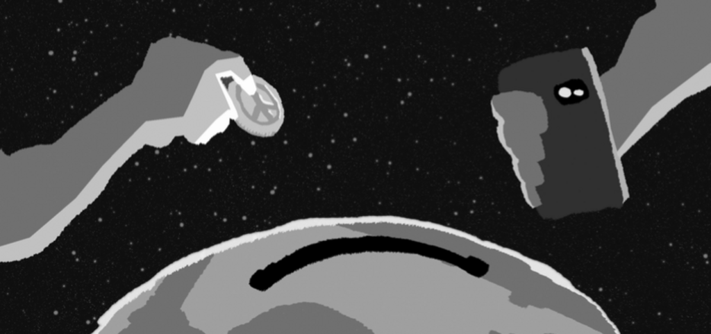 drawing that is critical of our use of technology for evil instead of peace