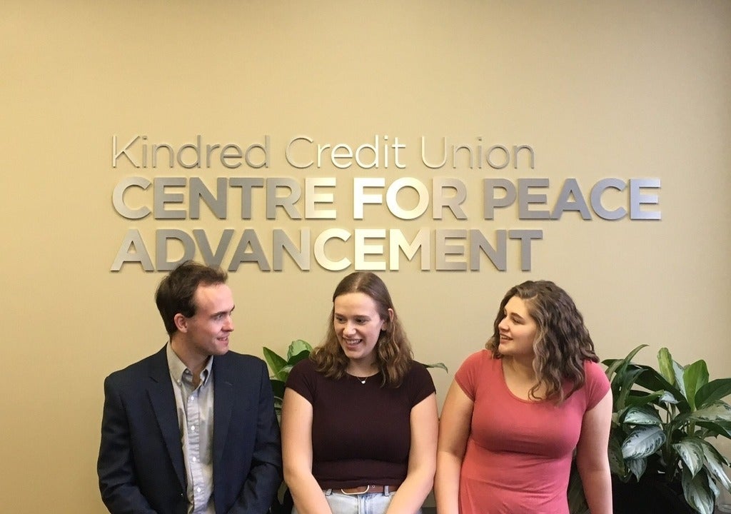 Peer Leaders Jonathan Smith, Hannah Bernstein, and Hannah Kaethler in the Kindred Credit Union Centre for Peace Advancement