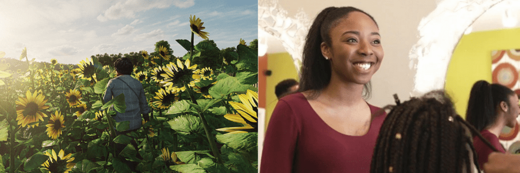 Person walks through field of sunflowers and Aileen Agada smiles in hair salon
