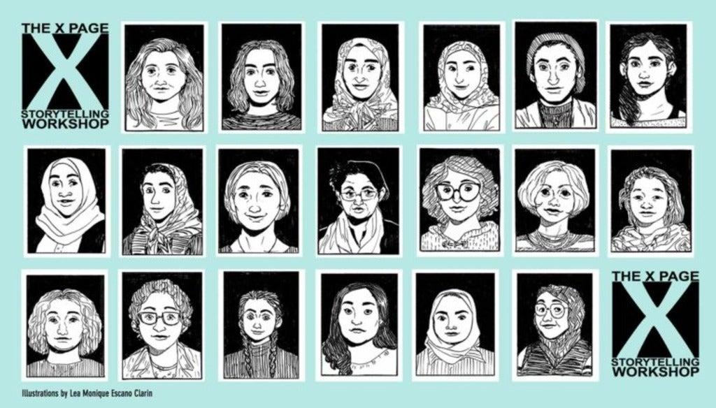 Black and white illustrations of 19 immigrant and refugee women living in the Waterloo Region.