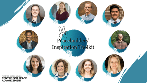 Portraits of 10 CPA participants in a circle surrounding "Peacebuilders' Inspriation Toolkit" text