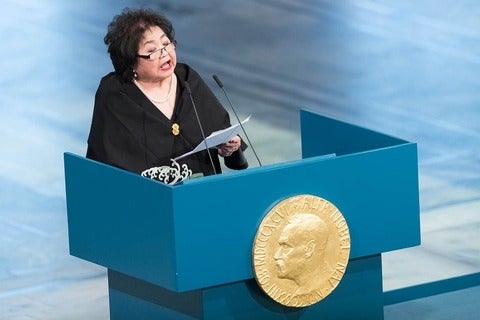 Setsuko Thurlow giving the acceptance speech at the Nobel Prize Award Ceremony
