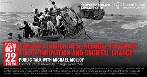 Poster for Public Talk with Michael Molloy with picture of refugees on a boat