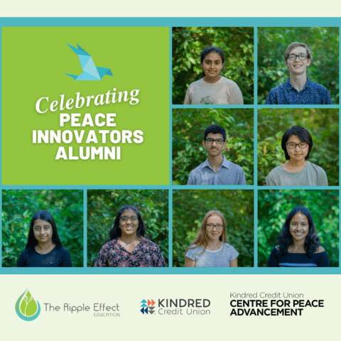 2021 Peace Innovators Alumni photos from left to right: Heraa, Aidan, Hamad, Jennifer, Maria, Hana, Marina and Saaniya