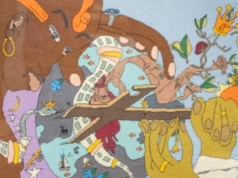 Portion of one of the art pieces depicting two people of different races connecting across the world with swirls of road, roots and a puzzle cut cross