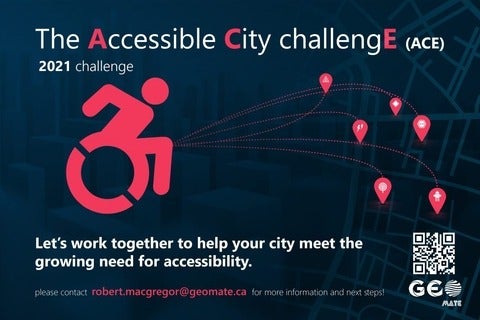 The Accessibile City Challenge (ACE) poster with navy blue background and a red silhouette figure in a wheelchair.
