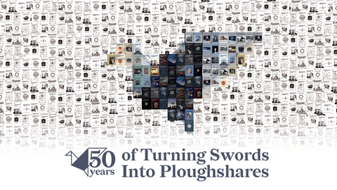 50 years of turning swords into ploughshares event poster with a mosaic dove made out of past Ploughshares Monitor covers