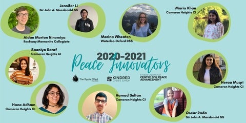 Peace Innovators announcement with student photos and partner logos