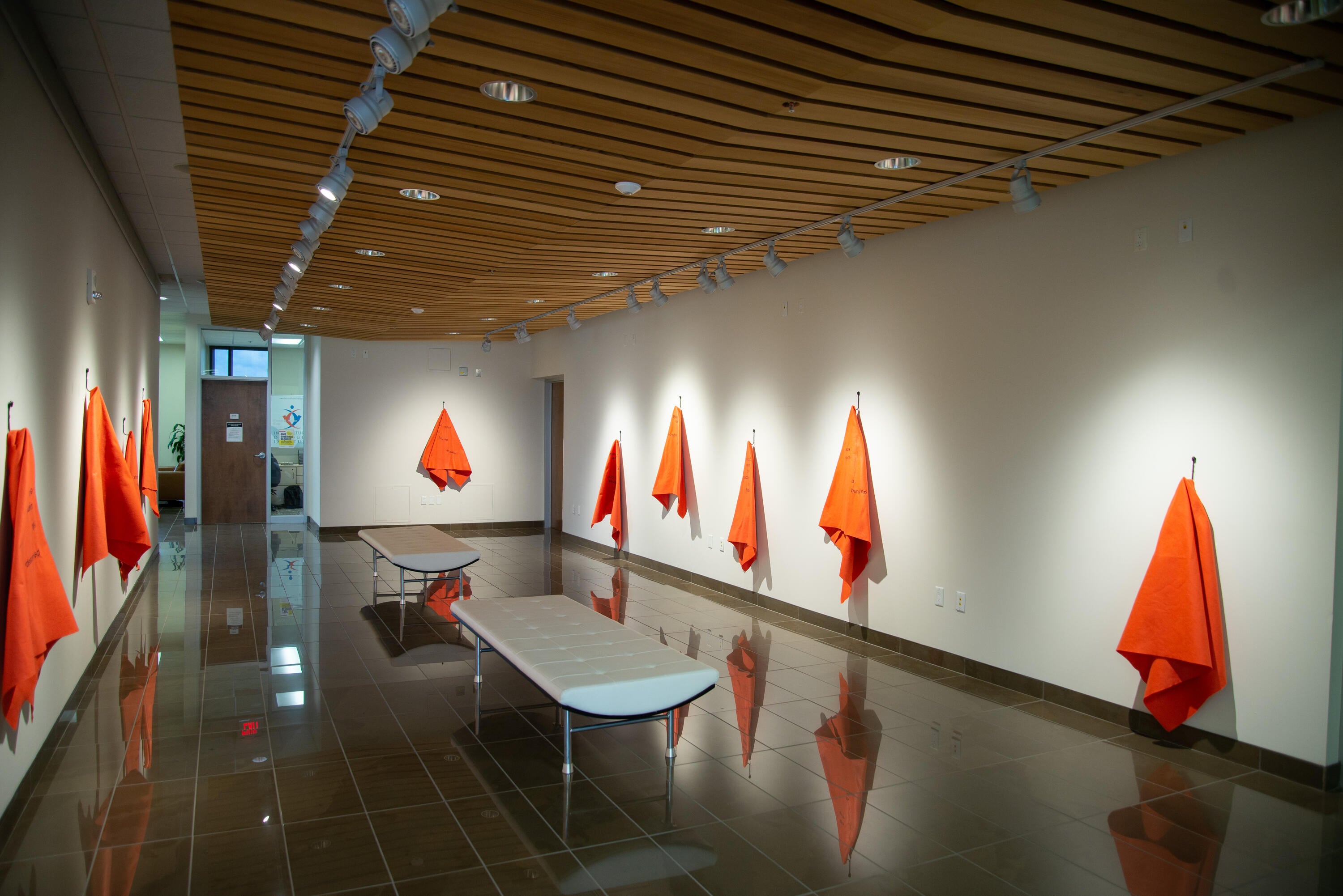 Grebel Gallery with blankets hanging 