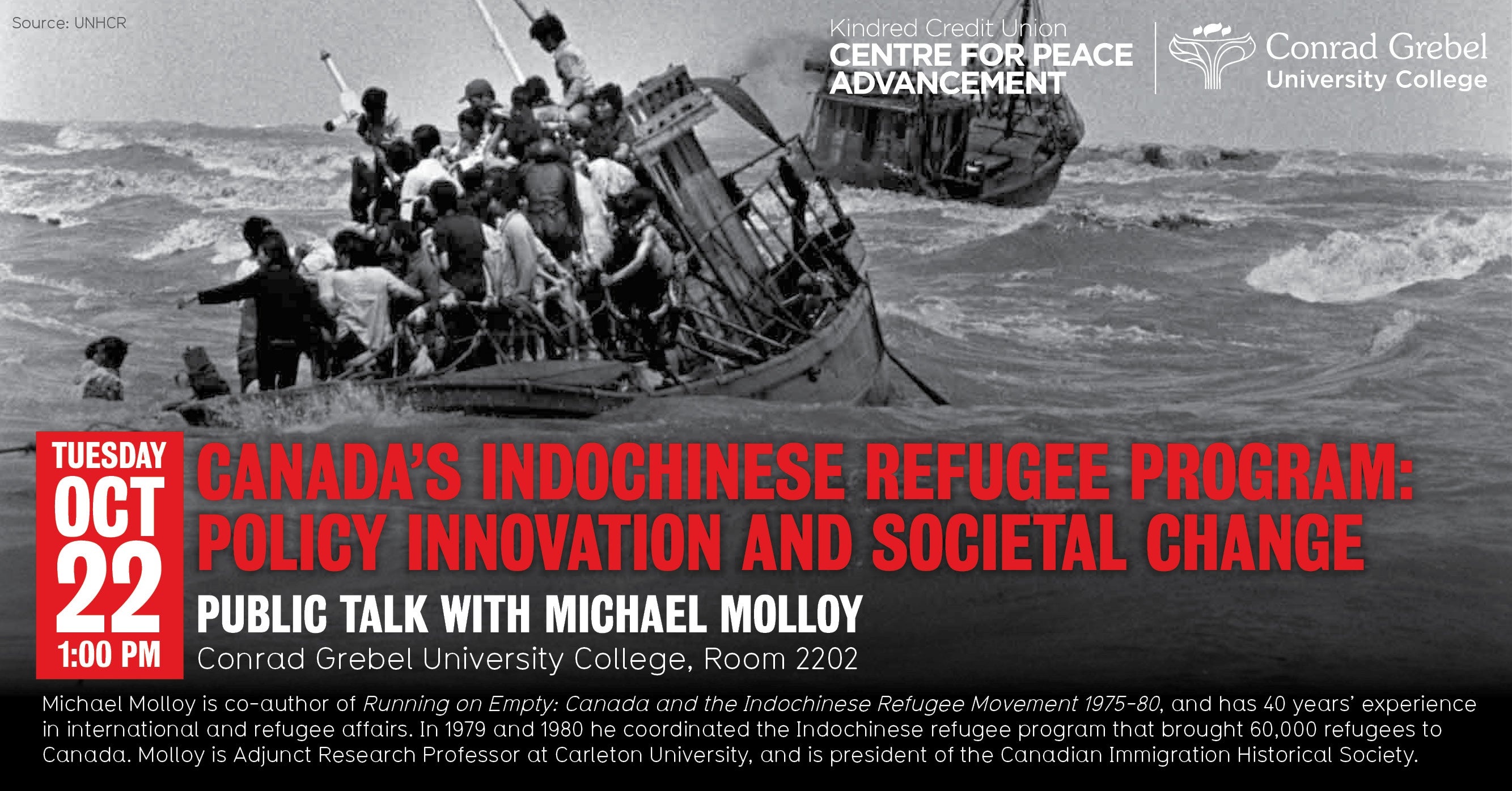 Poster for Michael Molloy lecture with picture of refugees on a boat