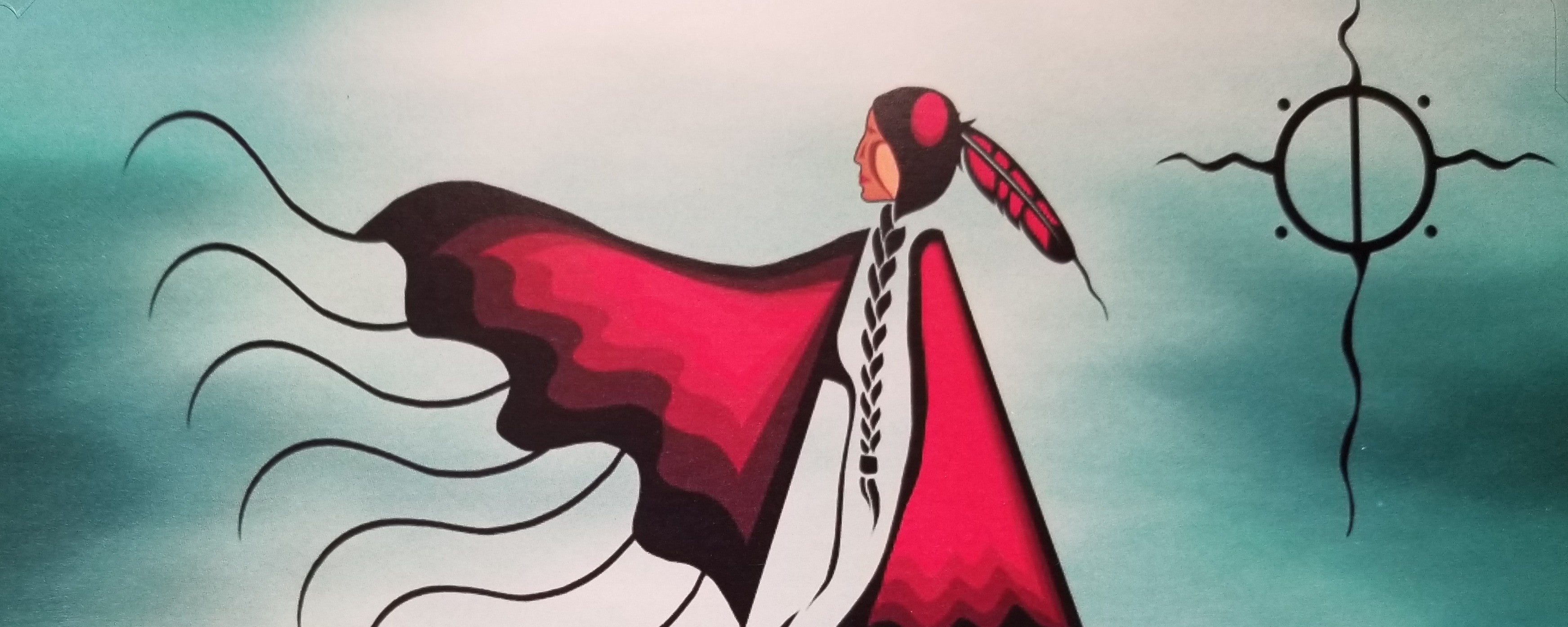 Drawing of a fancy shawl dancer reaching to the west