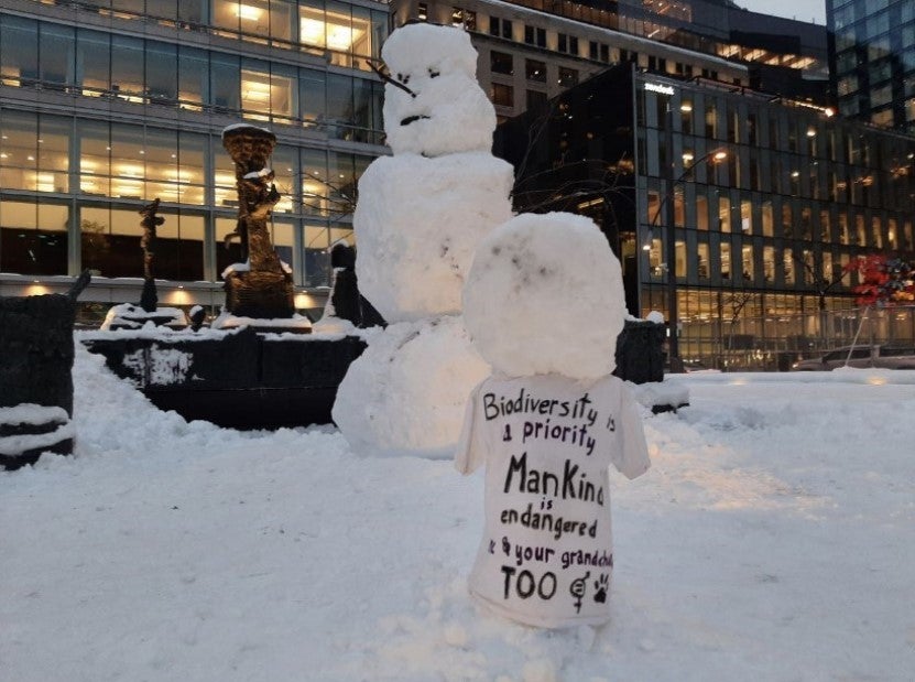 Snow people holding a sign saying "biodiversity is a priority"