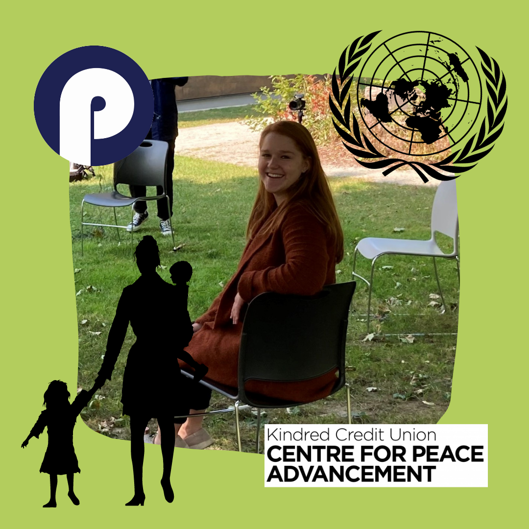Kirsten looks over her shoulder while surrounded by graphics for Project Ploughshares, the United Nations, and the Centre.