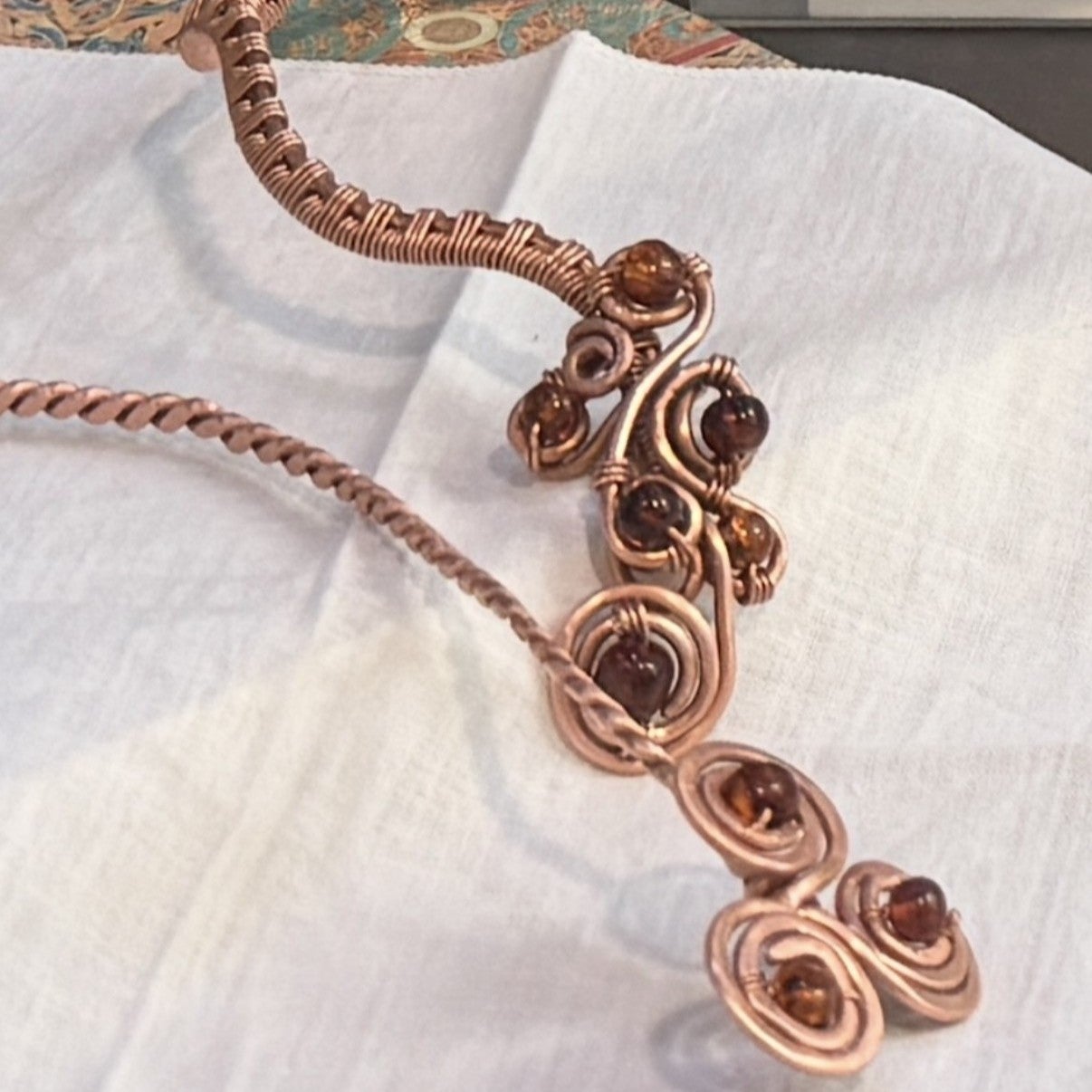 copper wire necklace with amber beads