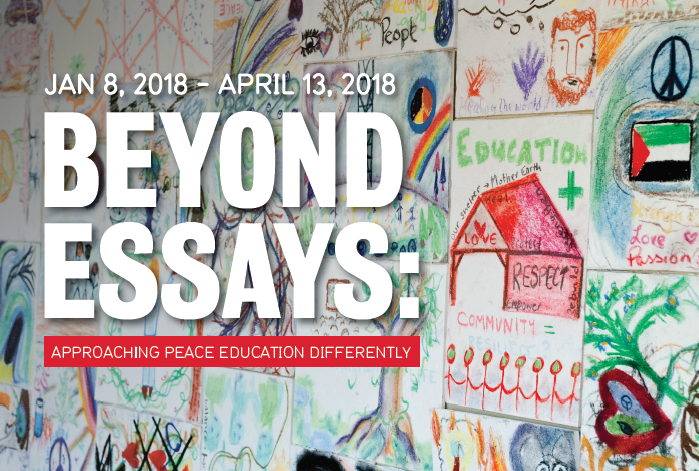 "Beyond Essays: Approaching peace education differently" title on image of drawings