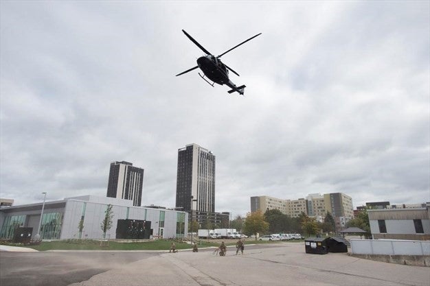 Helicopter flies over Waterloo's campus