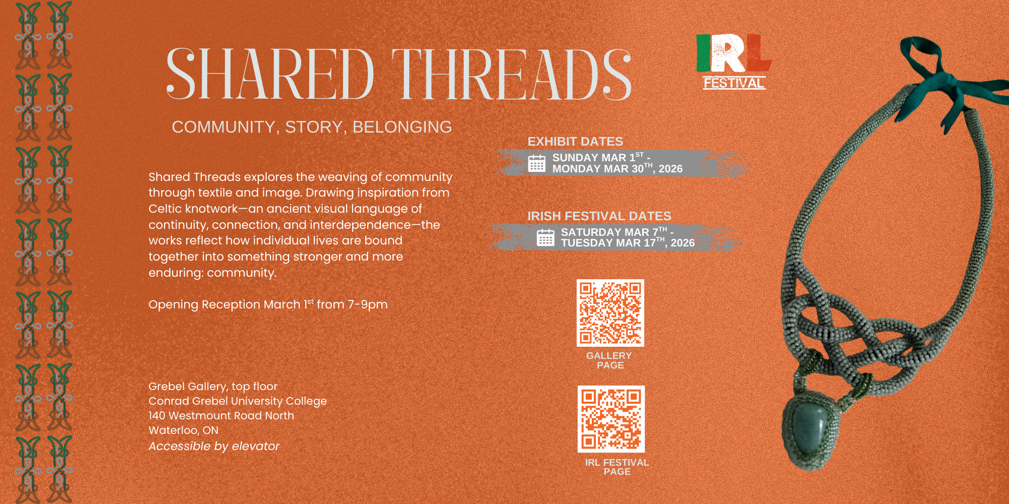 orange poster with green beaded necklace