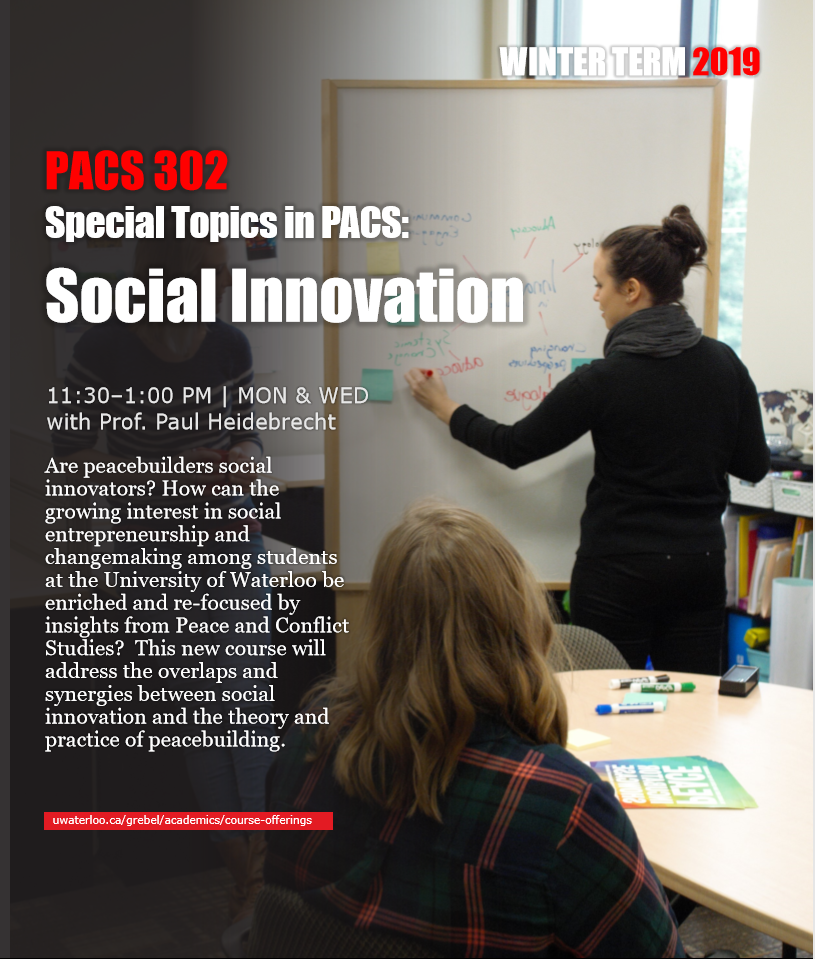 PACS 302 poster with information. Background photo: Director of The Ripple Effect Education writing on whiteboard