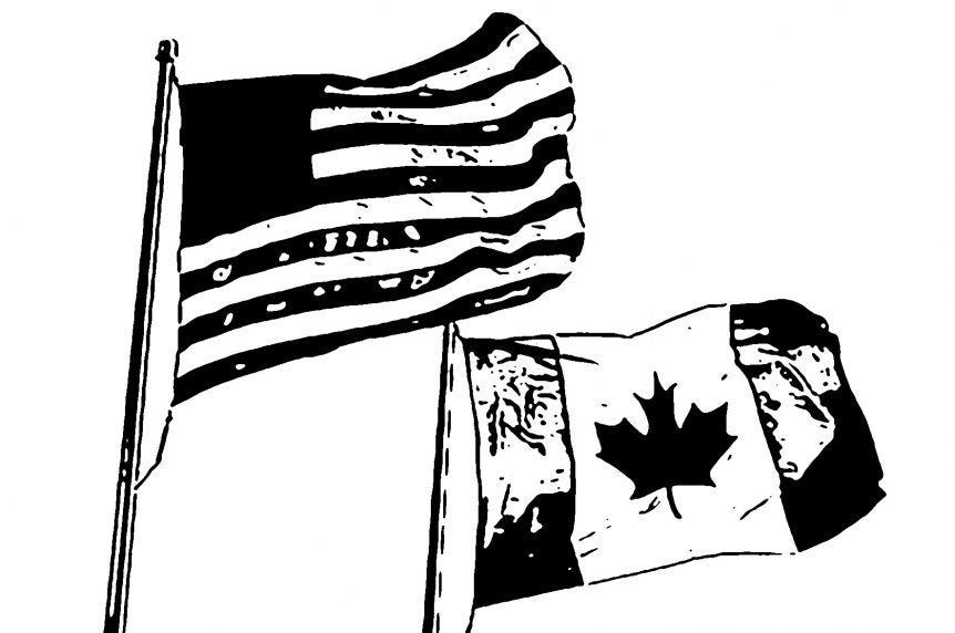 American and Canadian flag side by side