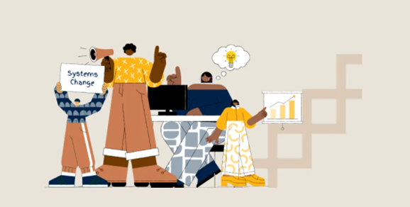 Systems Week 2021 graphic with four illustrated figures in yellow, blue and beige clothing and shoes.