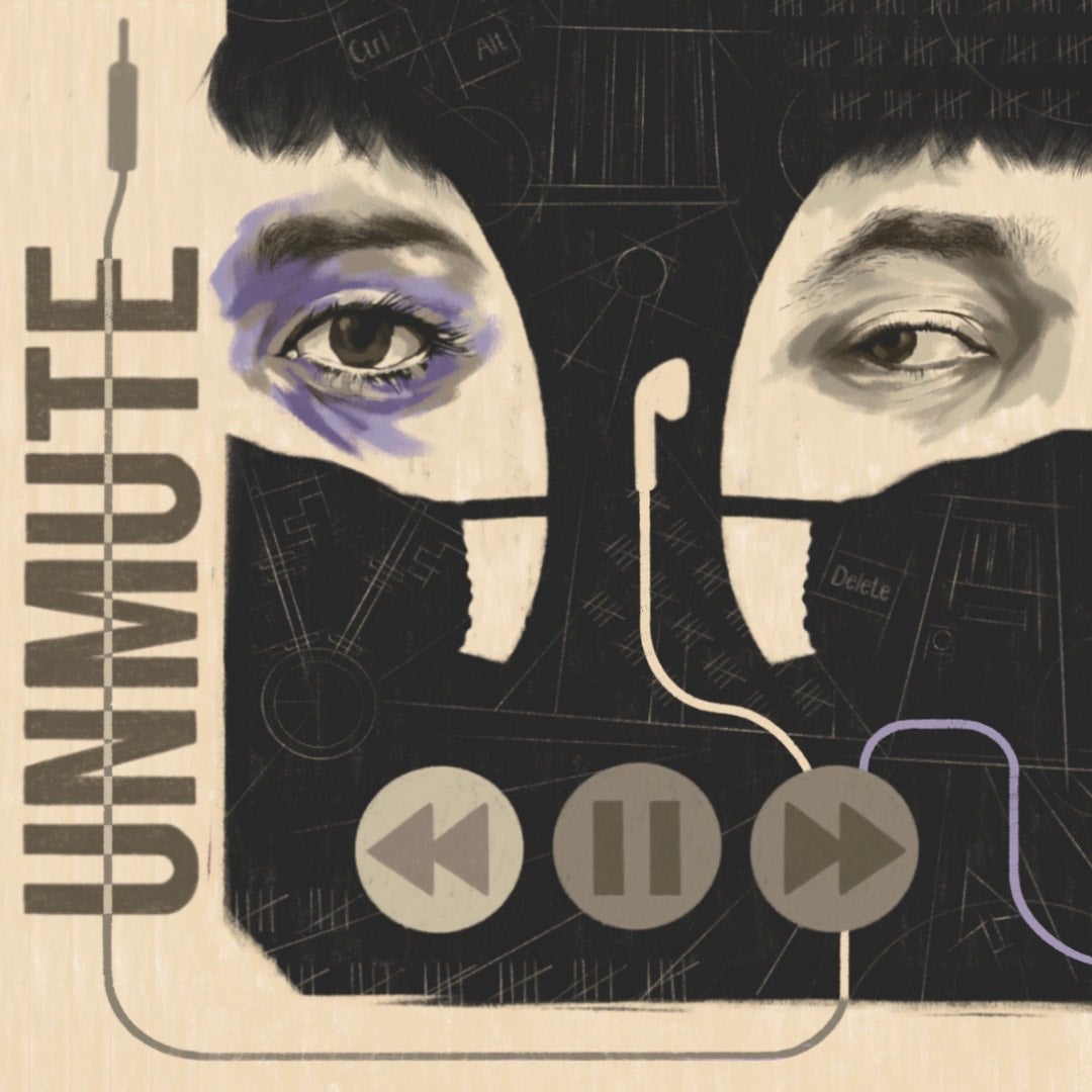 Unmute poster with two faces listening to music while wearing medical masks. The figure on the right has a swollen black eye.