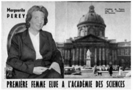 Marguerite Perey and a photo of a building next to her.