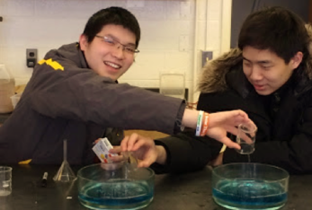 Students pouring solution into a large crystallization dish.
