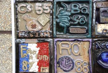 Close-up of handmade periodic table showing Cs, Ba, Fr and Ra.