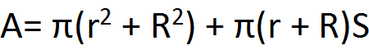 A equals pi p’ren r squared plus R squared p’ren plus pi p’ren r plus R p’ren times S