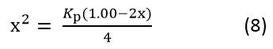 x squared equals (the equilibrium pressure times (1.00 minus 2 x)) divided by 4.