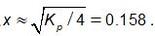 x approximately equals the square root of the equilibrium pressure divided by four, which equals 0.158.
