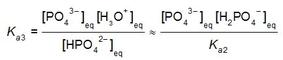 The acid dissociation constant, Ka3, equals the concentration of PO43-(aq) times the concentration of H3O+(aq) divided by the concentration of HPO42-(aq), which approximately equals the concentration of PO43-(aq) times the concentration of H2PO4-(aq) divided by Ka2. All concentrations are denoted as concentrations at equilibrium.