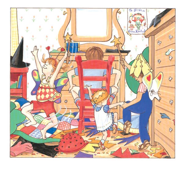 Cover of Jillian Jiggs book cover showing three children playing in a messy room