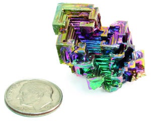 a bismuth crystal showingthe iridescent rainbows of colours