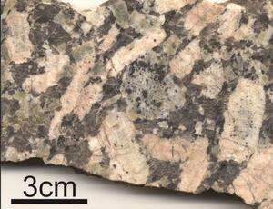 Crystals of the different chemical components in a sample of granite, Nueltin Lake; Nunavut.