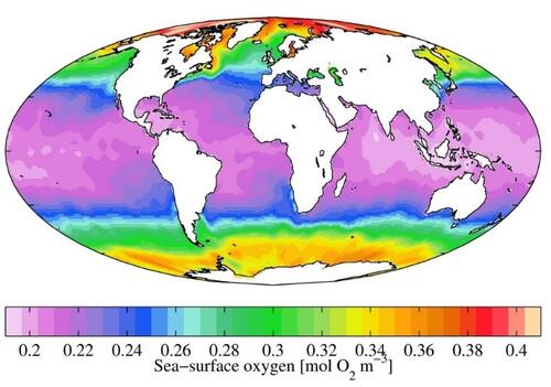 Worldwide concentration of dissolved oxygen in oceans.