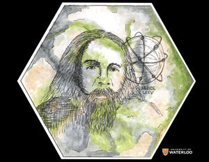 Portrait of Mendeleev with a sphere in background created in colour crayon