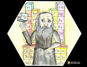 Portrait of Mendeleev with a periodic table created in colour crayon