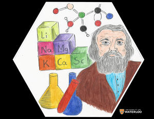Portrait of Mendeleev with a periodic table and molecular model created in colour crayon