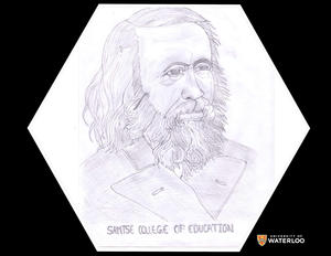 Portrait of Mendeleev with a periodic table created in colour crayon