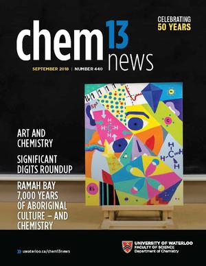 Cover of the September issue of Chem 13 News with a painting of chemistry ideas in the style of Picasso 