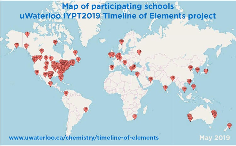 A map of participating schools, uWaterloo IYPT 2019 Timeline of Elements project. www.uwaterloo.ca/chemistry/timeline-of-elements