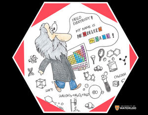 Portrait of Mendeleev as a cartoon character with chemical symbols