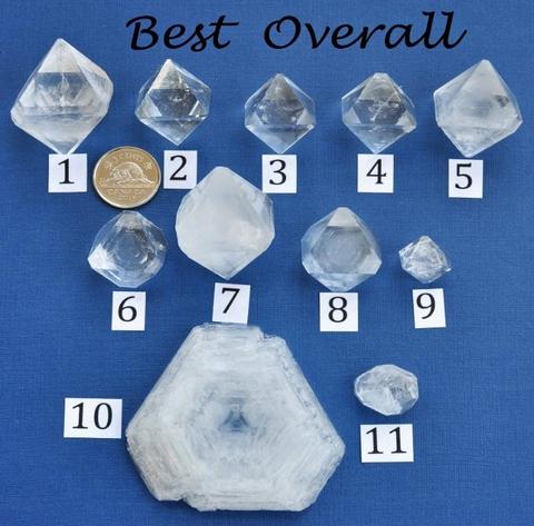Eleven white crystals of various sizes displayed on a blue background. A Canadian nickel is also pictured to compare the size of the crystals