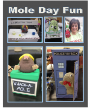 Stuffed mole: at a lemolenade stand, molenstein, on a woman’s shoulder, whack-a-mole in a box and in a phone booth.