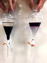 Two separatory funnels side-by-side both having two layers – one with a clear layer atop a dark purple solution and the other with the dark purple atop the clear layer