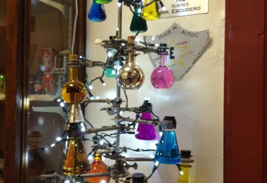 Christmas tree made from retort stand, clamps, and flasks.