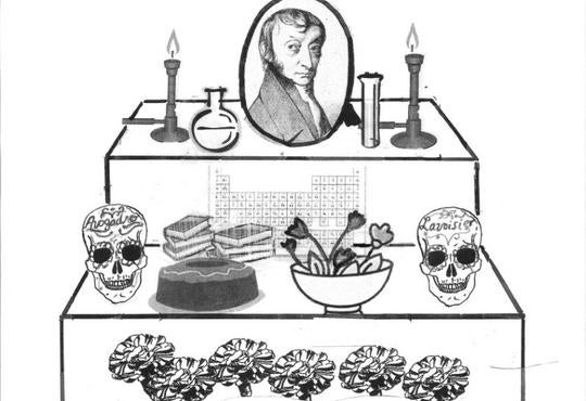Day of the Dead altar with chemistry equipment and Avogadro's photo 