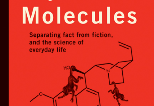 Cover of Monkeys, Myths, and Molecules book by Dr.Joe Schwarcz with monkeys and a molecule line drawing.